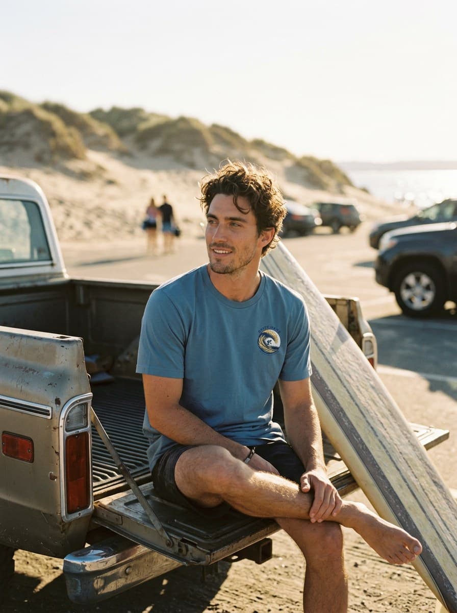 White Surfer Crest Tee — worn