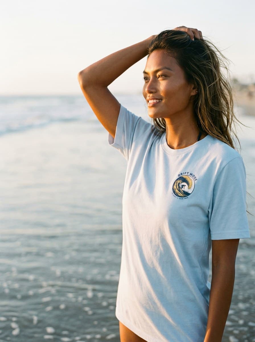 White Surfer Crest Tee — worn